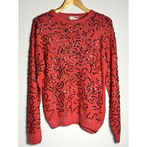 Vtg Niaoi Sequin Sweater Red Silk Blend‎ Long Sleeve Size L Disco Coquette Glam
